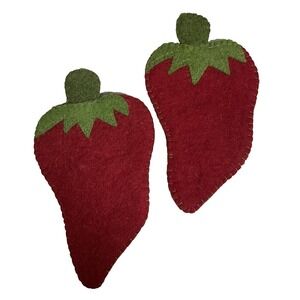 Vintage Pair Handmade Felted Wool Strawberry Trivets Hotpads Red & Green